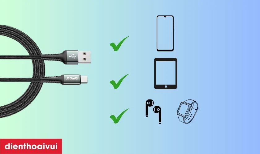 C&aacute;p sạc nhanh BWOO Type-C X288C d&agrave;i 1M hỗ trợ chuẩn USB-C