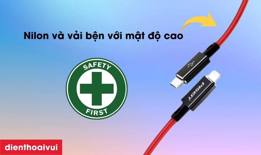 C&aacute;p sạc nhanh Pisen Quick Platinum được l&agrave;m từ chất liệu cao cấp Nilon v&agrave; vải bện