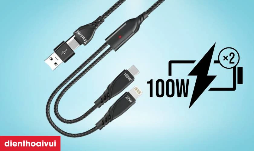 Đặc điểm nổi bật của c&aacute;p Trusmi 2 in 1 Usb-A to Usb-C, Lightning 100w