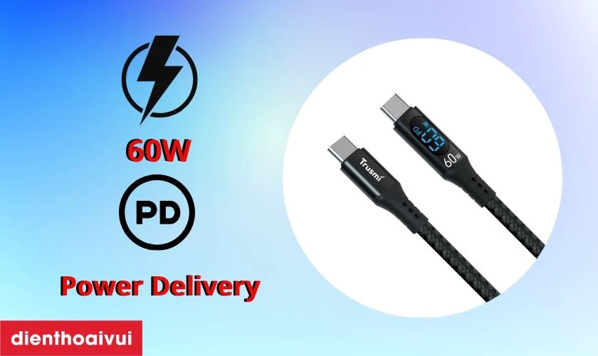 C&aacute;p Trusmi Usb-C to Usb-C Silicone PD 60w d&agrave;i 1m c&oacute; c&ocirc;ng suất đến 60W