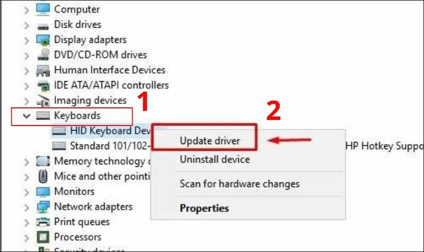 T&igrave;m Keyboards, nhấp chuột phải v&agrave; chọn Update driver
