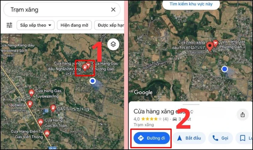 Sau đó xem tất cả các cây xăng trên bản đồ (Dấu định vị màu đỏ)