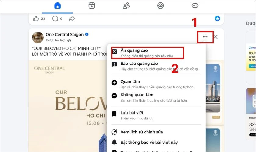 Ẩn nhanh quảng cáo đang xuất hiện trên Facebook