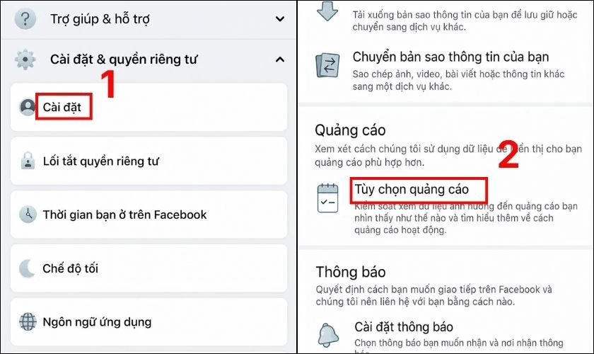 Cuộn xuống tìm Quảng cáo, chọn Tùy chọn quảng cáo