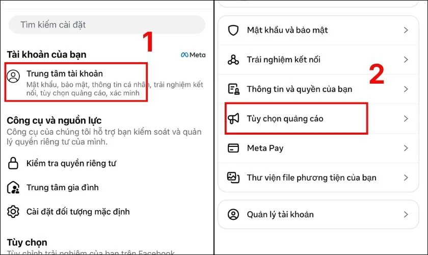 Truy cập Trung tâm tài khoản, chọn Tùy chọn quảng cáo