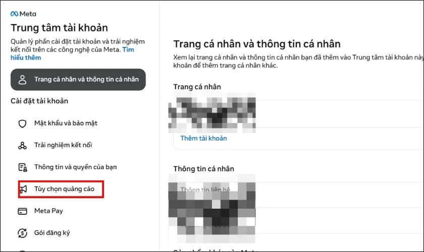 Mở Trung tâm tài khoản, sau đó chọn Tùy chọn quảng cáo