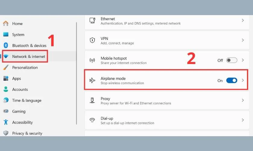 Truy cập v&agrave;o Settings v&agrave; chọn Network & Internet v&agrave; bật Airplane mode