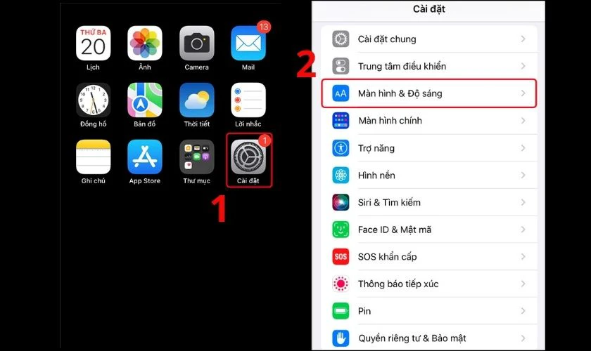 Truy cập v&agrave;o c&agrave;i đặt v&agrave; chọn M&agrave;n h&igrave;nh & độ s&aacute;ng