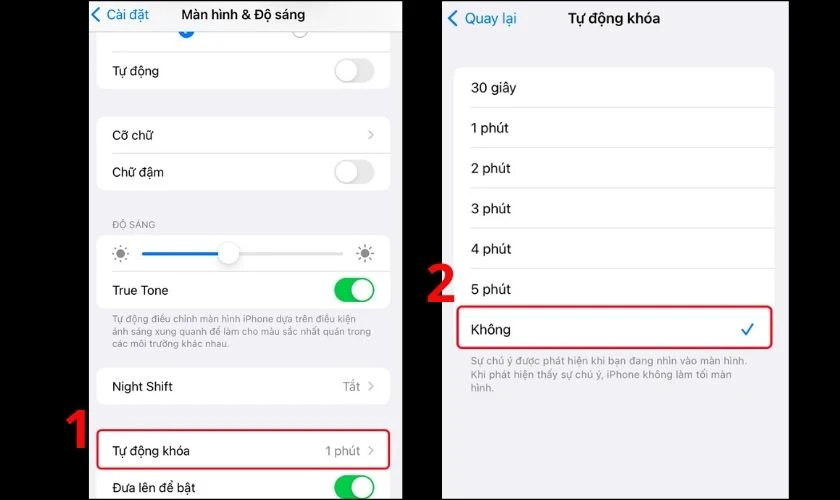 Chọn Kh&ocirc;ng tự động kh&oacute;a m&agrave;n h&igrave;nh kh&oacute;a