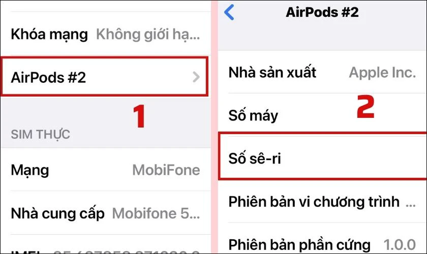 D&atilde;y số Số s&ecirc;-i ch&iacute;nh l&agrave; IMEI của Airpod