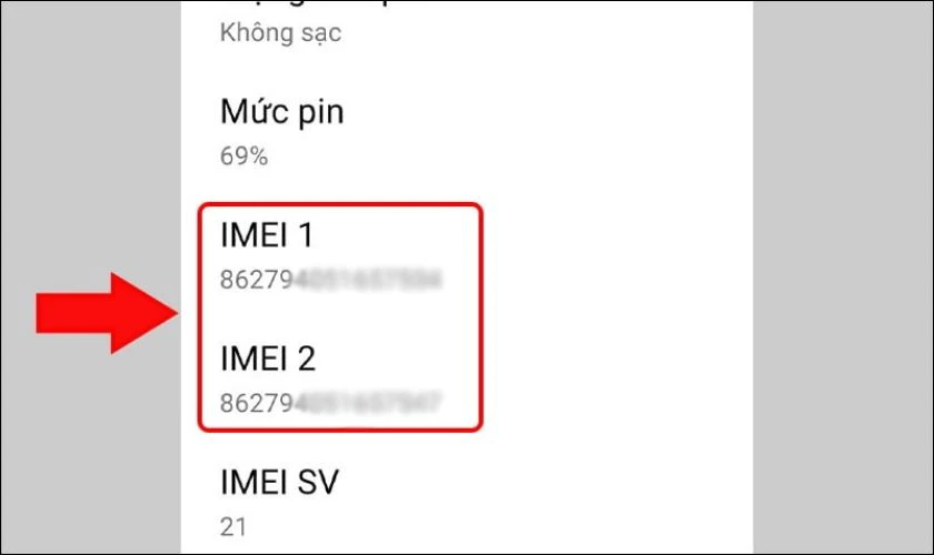 Trong mục Trạng th&aacute;i, t&igrave;m v&agrave; chọn Th&ocirc;ng tin IMEI (IMEI information)