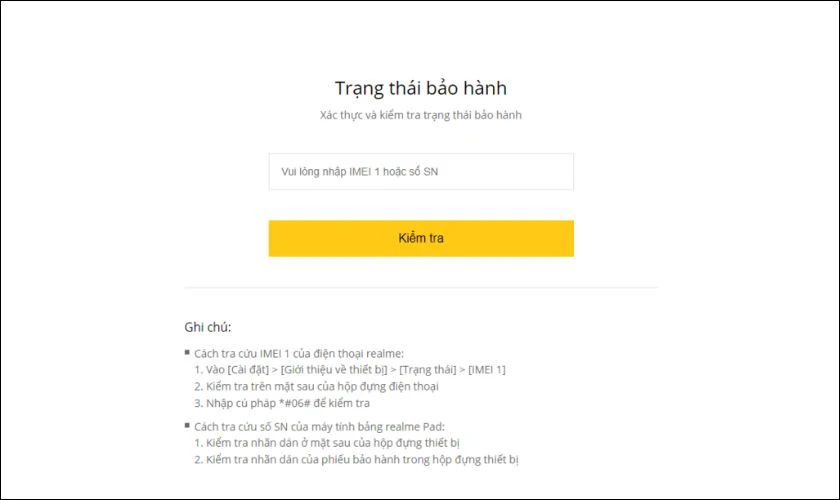 Sau khi t&igrave;m thấy c&ocirc;ng cụ kiểm tra IMEI, nhập số IMEI của điện thoại Realme v&agrave;o &ocirc; nhập số IMEI tr&ecirc;n trang web