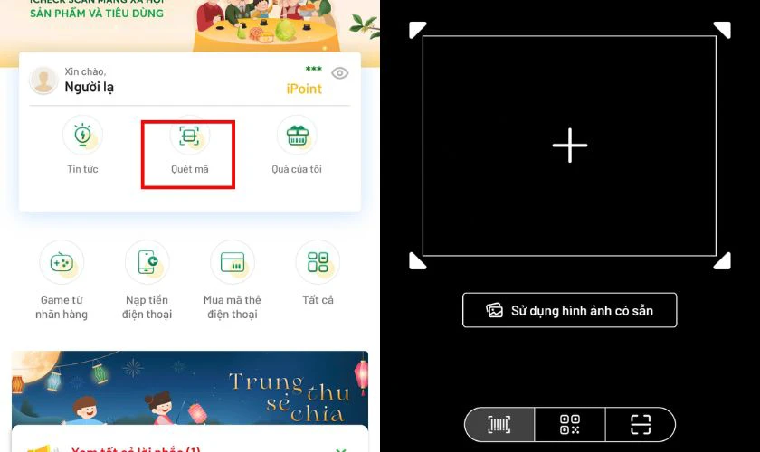 Chọn biểu tượng qu&eacute;t m&atilde; QR để mở chế độ qu&eacute;t