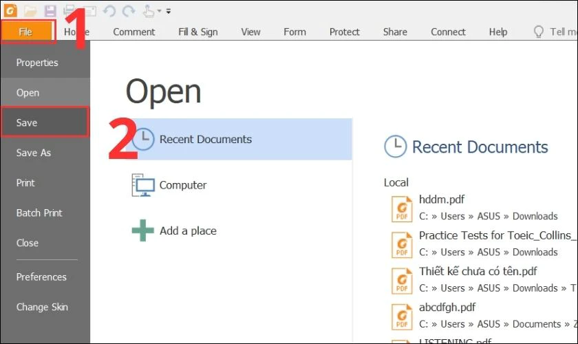 V&agrave;o thẻ File bấm Save để t&agrave;i liệu PDF được lưu chữ k&yacute;