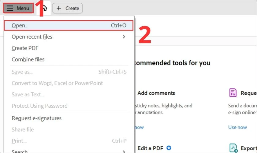 Bấm v&agrave;o Menu v&agrave; nhấn Open để chọn file PDF cần ch&egrave;n