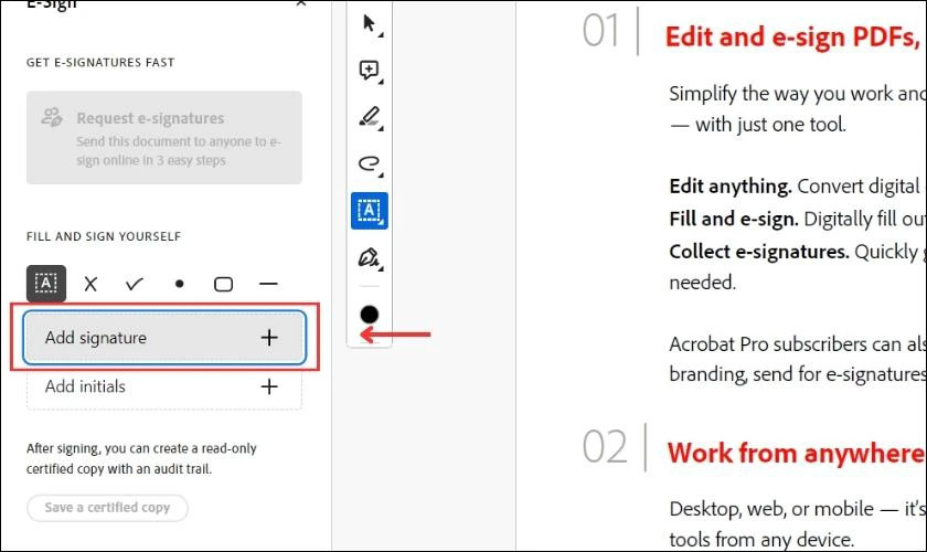Bấm Add Signature để th&ecirc;m chữ k&yacute; v&agrave;o file PDF