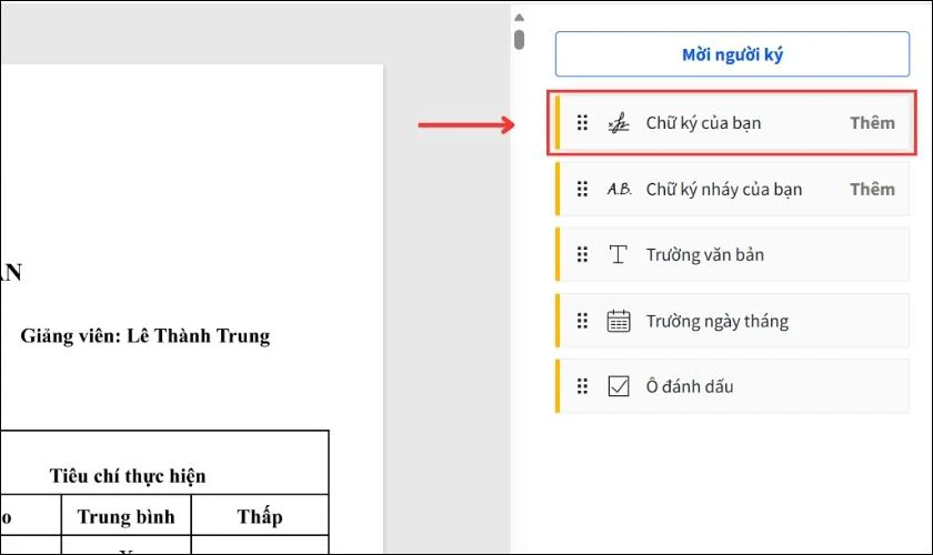 Nhấn v&agrave;o chọn Chữ k&yacute; của bạn