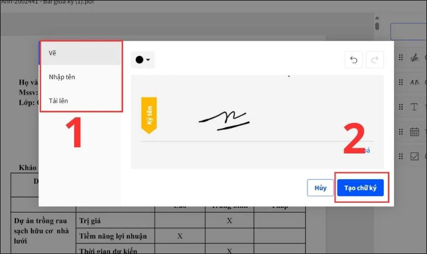 Chọn v&agrave;o Tạo chữ k&yacute; để web tối ưu h&oacute;a chữ k&yacute; của bạn