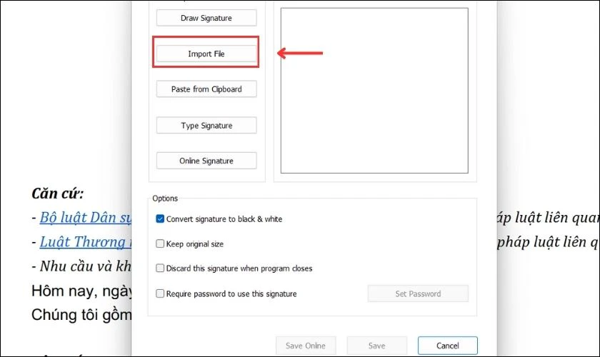 Ch&egrave;n chữ k&yacute; v&agrave;o file PDF bằng Import File