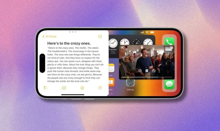 Cách chia đôi màn hình iPhone có lợi ích gì? Chia đôi màn hình iPhone mang đến nhiều tiện ích đáng kể mà bạn không nên bỏ qua. Dưới đây là những lợi ích nổi bật mà tính năng này cung cấp cho người dùng. Tăng năng suất làm việc: Bạn có thể vừa xem tài liệu vừa ghi chú, hoặc tra cứu thông tin trên web. Việc này giúp bạn hoàn thành công việc nhanh chóng và hiệu quả. Học tập hiệu quả hơn: Sinh viên có thể vừa xem bài giảng trực tuyến vừa ghi chép lại nội dung quan trọng. Giải trí đa phương tiện: Vừa xem phim, chương trình yêu thích vừa nhắn tin, trò chuyện với bạn bè. Hoặc có thể là vừa chơi game, vừa tìm kiếm các mẹo chơi game trên mạng xã hội. So sánh thông tin dễ dàng: Khi mua sắm trực tuyến, bạn có thể so sánh giá cả, thông số sản phẩm từ nhiều nguồn. Bạn sẽ có thể đưa ra quyết định mua hàng thông minh và tiết kiệm thời gian hơn. Không bỏ lỡ thông báo: Bạn sẽ không bỏ lỡ bất kỳ tin nhắn, cuộc gọi hay thông báo quan trọng nào. Bạn có thể vừa làm việc vừa theo dõi các thông báo từ các ứng dụng khác dễ dàng. -2 Những lợi ích này không chỉ giúp bạn làm việc hiệu quả mà còn tối ưu hóa trải nghiệm cá nhân. Với màn hình nhỏ, việc sử dụng song song hai ứng dụng giúp tiết kiệm công sức đáng kể.