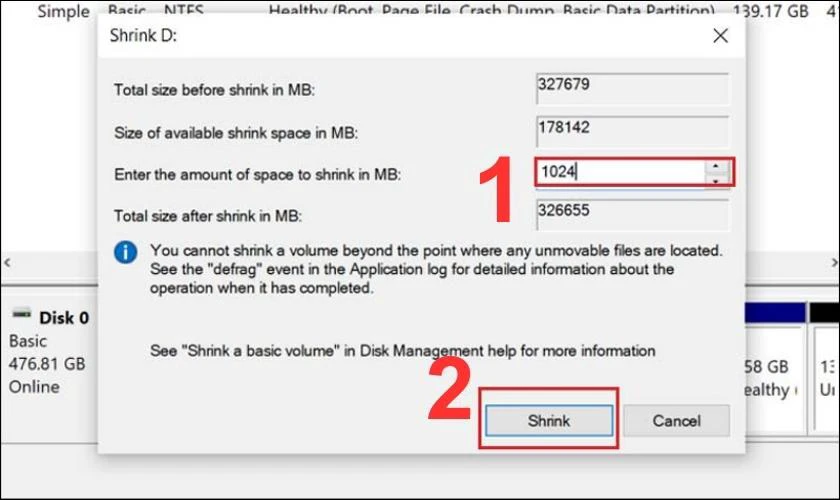 Nhập số lượng dung lượng muốn cắt v&agrave;o &ocirc; Enter the amount of space to shrink in MB