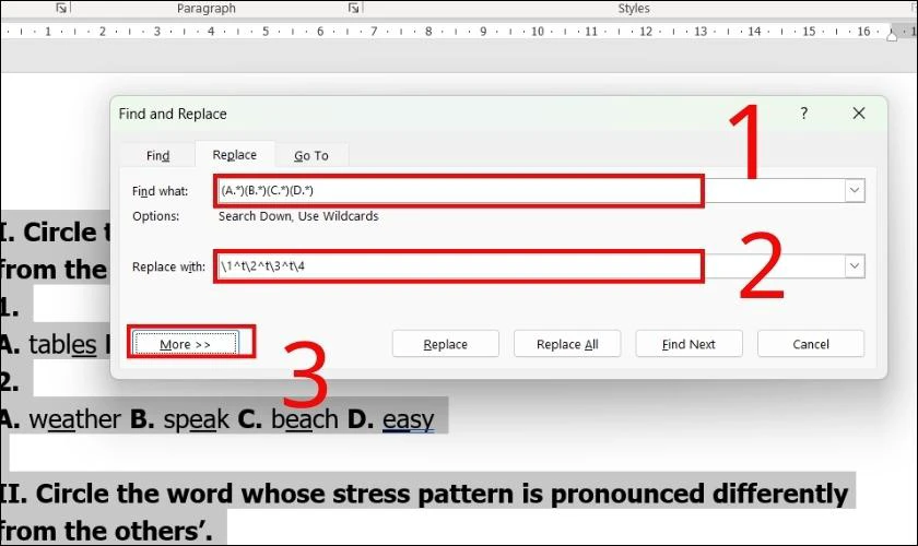 D&ugrave;ng hộp thoại Find and Replace để điều chỉnh khoảng c&aacute;ch trong văn bản 