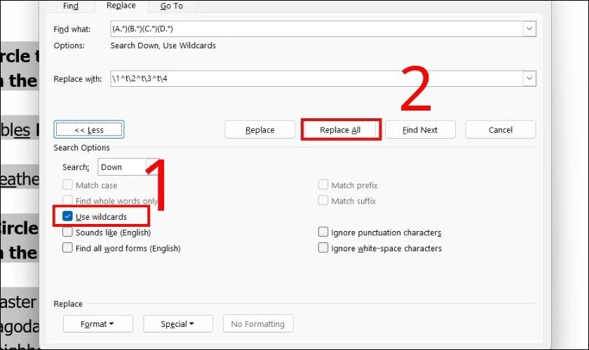 Chọn v&agrave;o Use wildcards để Replace All