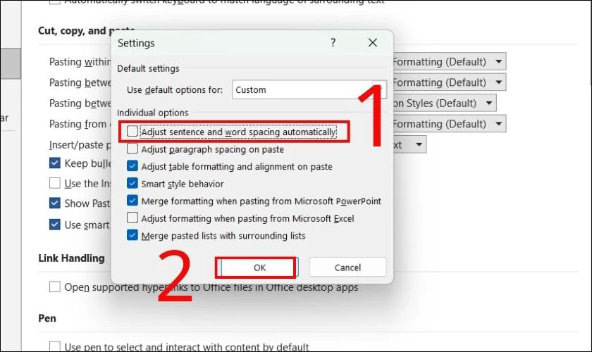 Bỏ t&iacute;ch Adjust sentence and word spacing automatically tại hộp thoại Settings 