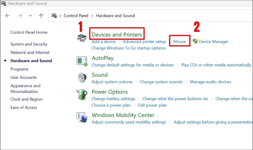 Tại mục Devices and Printers bạn h&atilde;y chọn Mouse