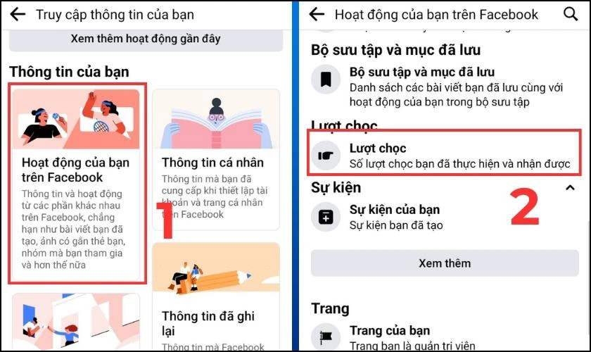 Chọn Hoạt động của bạn trên Facebook và nhấn vào Lượt chọc