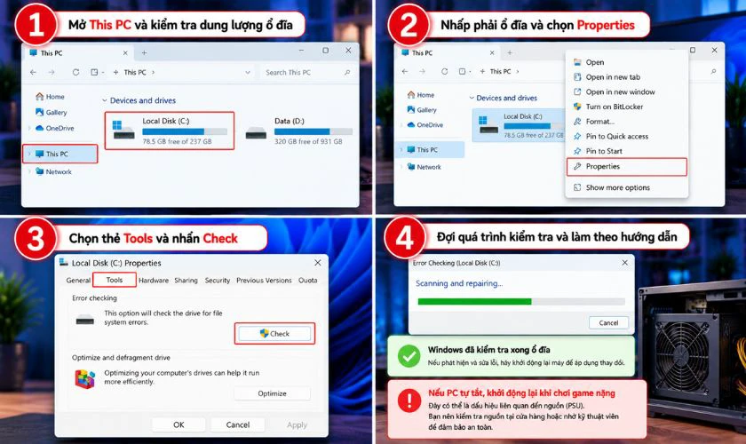 Kiểm tra ổ cứng và nguồn máy tính