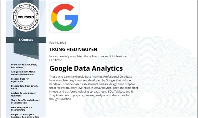 Chứng chỉ Google Data Analytics