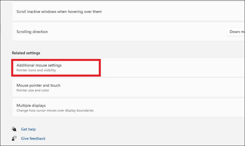 Trong cửa sổ Mouse settings, nhấn v&agrave;o mục Additional mouse settings