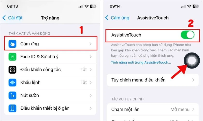 K&iacute;ch hoạt AssistiveTouch trong mục Cảm ứng