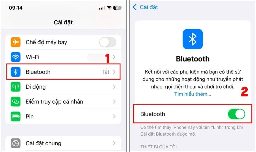 V&agrave;o mục C&agrave;i đặt v&agrave; gạt c&ocirc;ng tắc để bật chế độ Bluetooth
