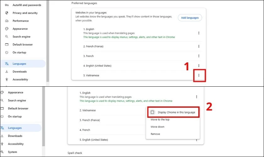 Nhấn v&agrave;o đ&oacute; v&agrave; chọn Display Google Chrome in this language