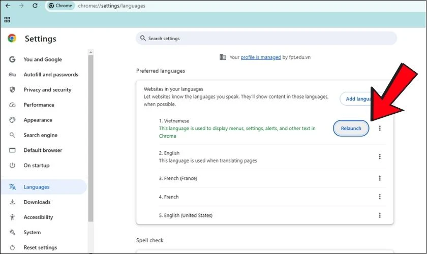 Nhấn v&agrave;o Relaunch để Chrome khởi động lại với giao diện tiếng Việt