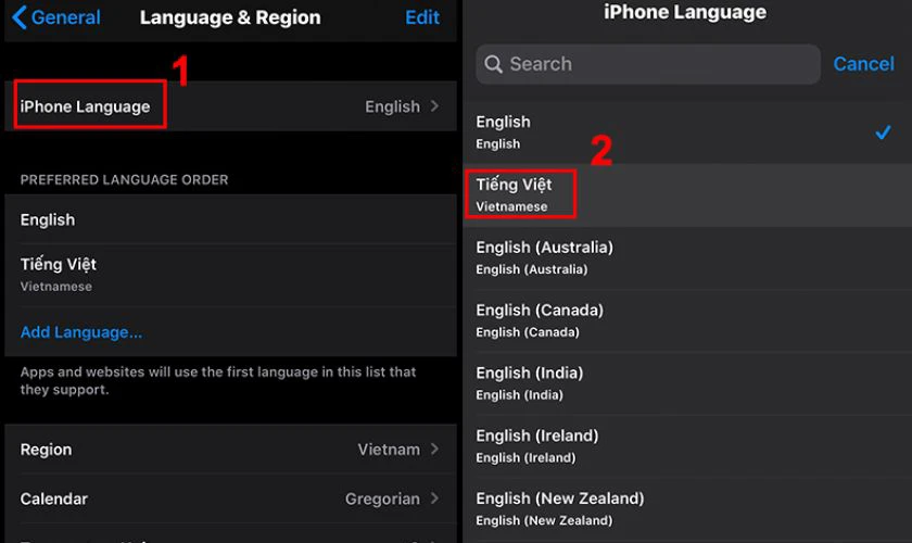 Nhấn chọn iPhone Language. Chọn Vietnamese để thay đổi ng&ocirc;n ngữ