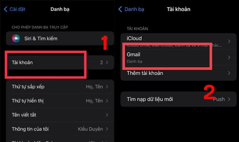 Tiếp tục bạn h&atilde;y nhấn chọn T&agrave;i khoản, sau đ&oacute; nhấn v&agrave;o Gmail