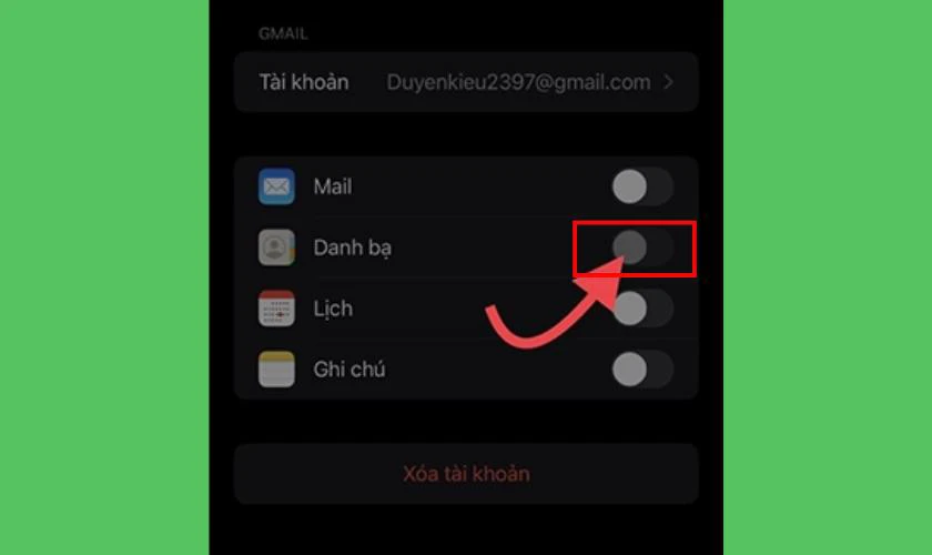 Tắt c&ocirc;ng tắc mục Danh bạ, sau đ&oacute; x&aacute;c nhận X&oacute;a khỏi iPhone của t&ocirc;i