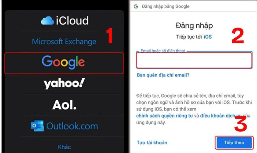 Sau đ&oacute; bạn h&atilde;y đăng nhập t&agrave;i khoản Gmail chứa danh bạ v&agrave; nhấn n&uacute;t Tiếp theo