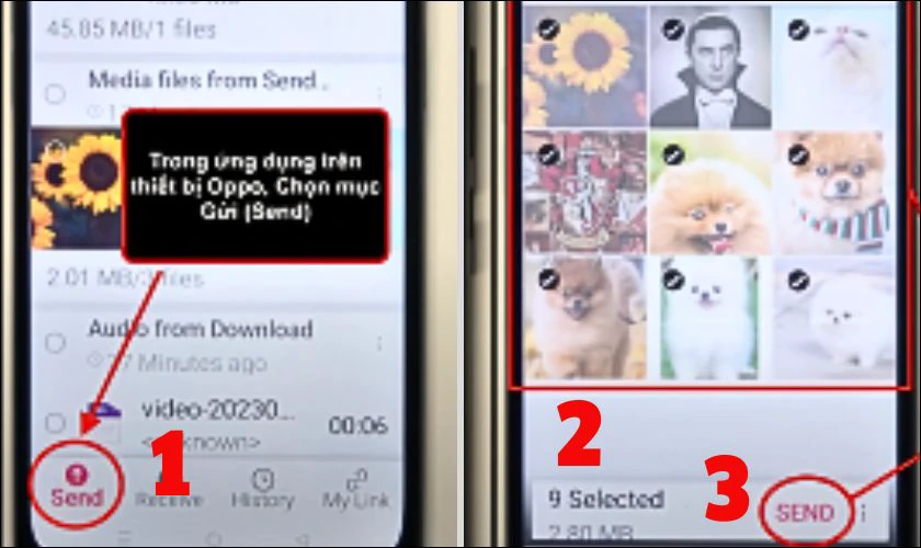 Lúc này, trên điện thoại Oppo, bạn ấn vào nút Send ở thanh công cụ và chọn các dữ liệu cần chuyển