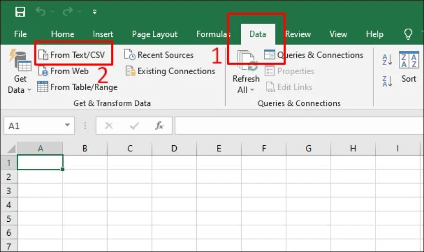 Chọn tab Data, v&agrave; chọn tiếp v&agrave;o From Text/CSV