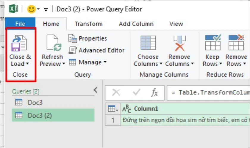 Chọn Close and Load để kết th&uacute;c chuyển file Word sang Excel bằng Plain Text v&agrave; Import