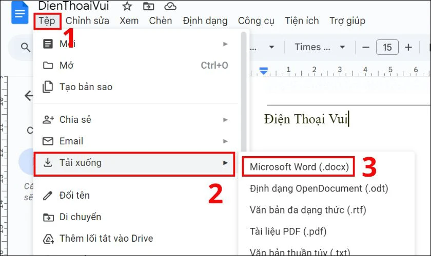 Nhấn Tệp, chọn Tải xuống v&agrave; tiếp tục chọn Microsoft Word (.docx)