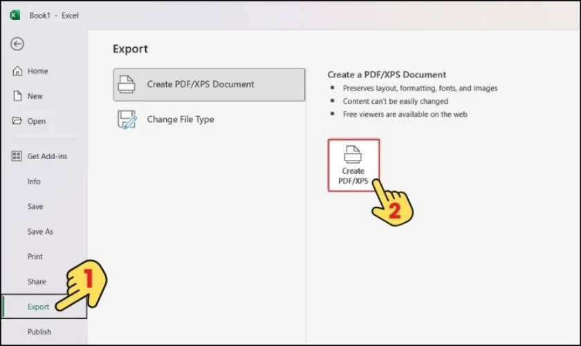Ở phần Export, chọn vào Create PDF/XPS