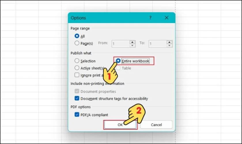 Ở mục Publish what chọn Entire workbook