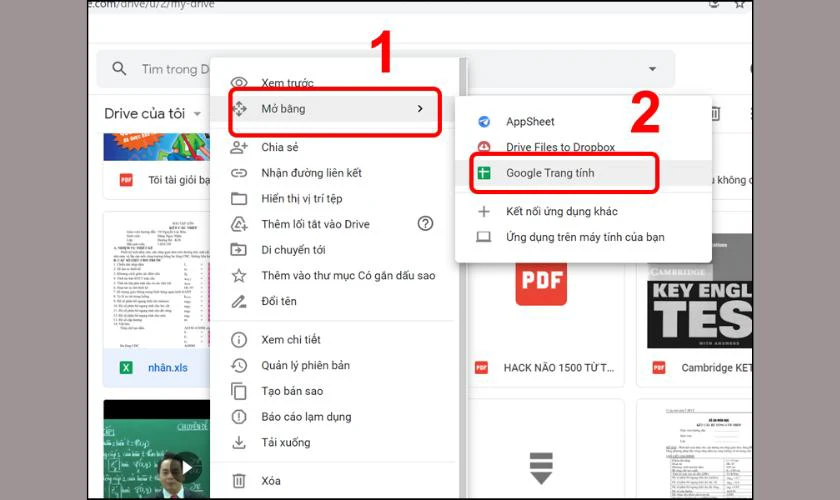 Chọn Mở bằng và chọn Google Trang tính