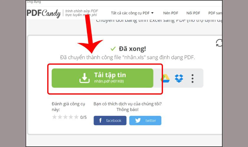 Nhấn vào Tải tập tin để tải file PDF về máy hoặc chia sẻ qua liên kết