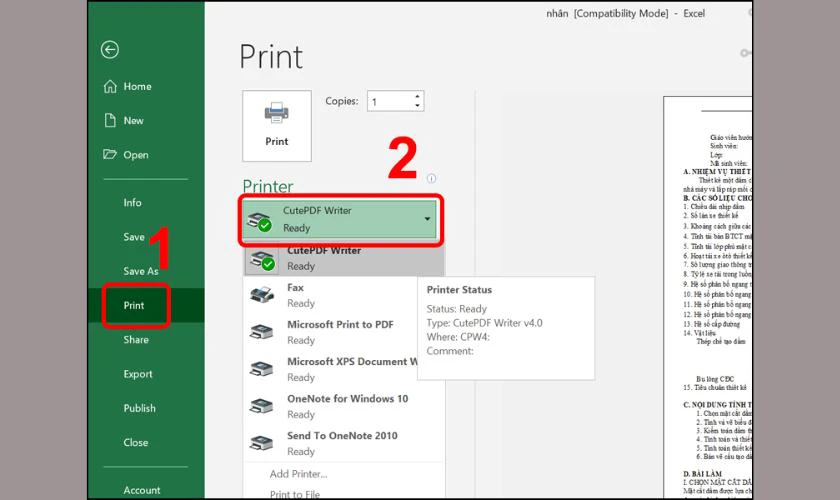 Chuyển file Excel sang PDF trên máy tính bằng phần mềm CutePDF Writer